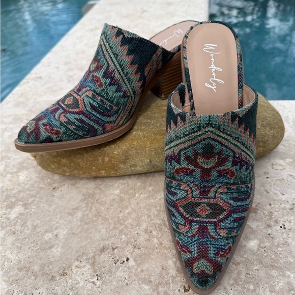 Wonderly Shoes - Wonderly Green and Brown Patterned Women's Mules